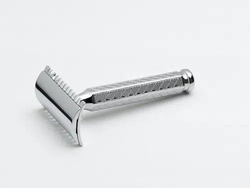 Safety razor on branded background