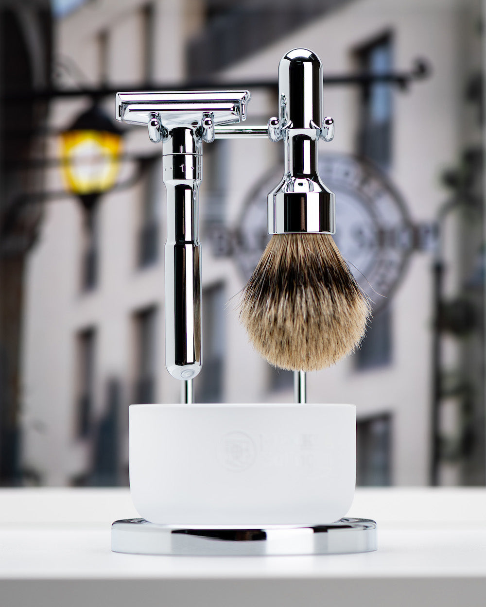 Safety razor on branded background